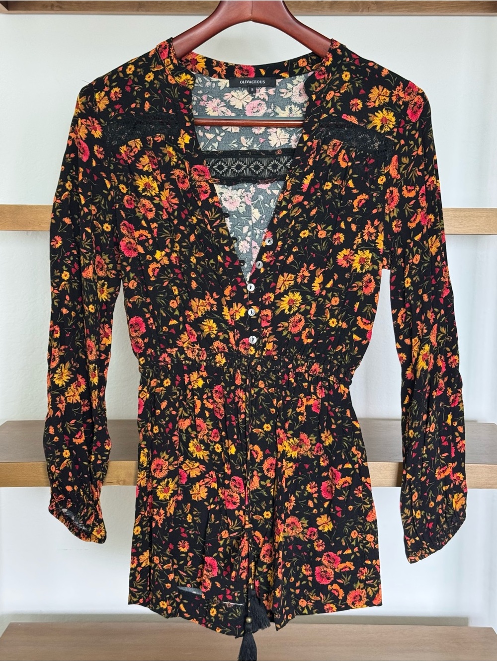 Olivaceous Black Floral Long-Sleeve Romper with Lace Yoke